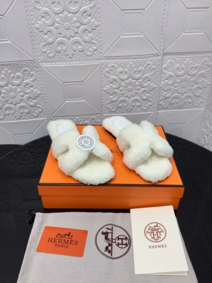 H Teddy Wool H Slippers Flat Sole Fur Slides - LY00240