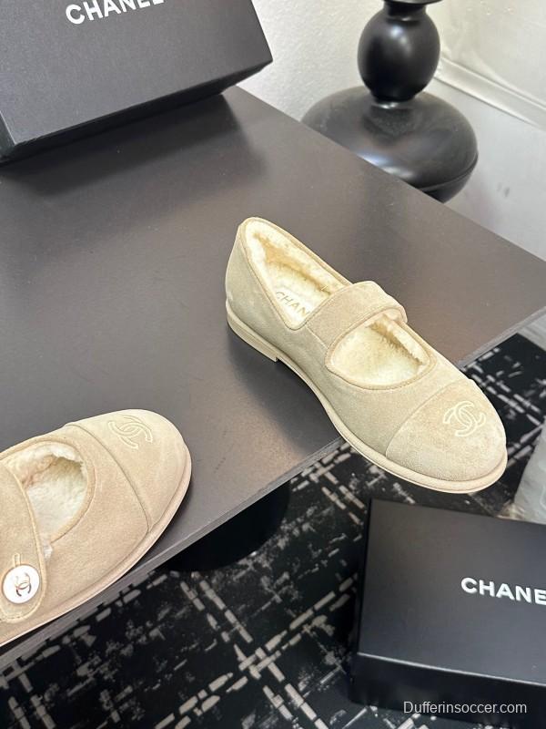 Chanel 2025 SS French Mary Jane Flat Shoes with Fur Trim - KFY00300