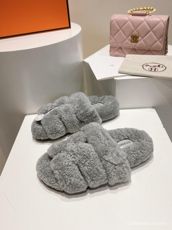 H Love Erjiu Full Wool Slippers with Wavy Fur Design - LY00270
