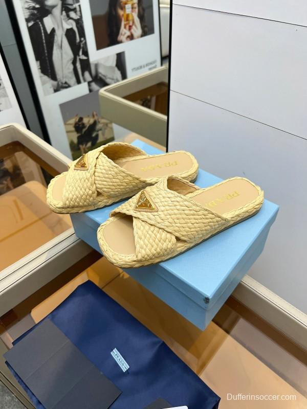 Prada Raffia Handwoven Cross Sandals 2025SS - KFY00260
