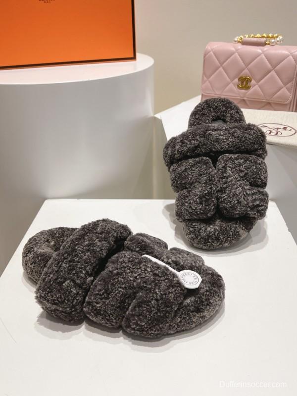 H Love Erjiu Full Wool Slippers with Slight Curly Wool Design - LY00270