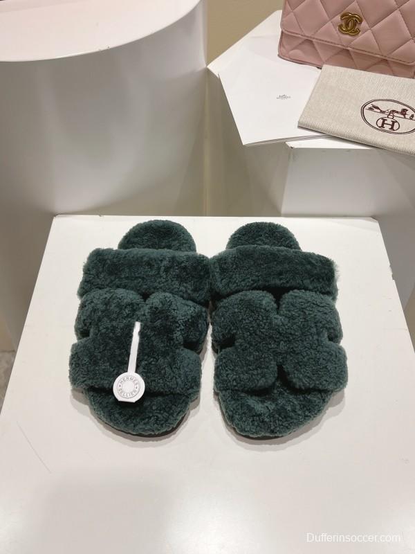 H Love Erjiu Full Wool Slippers with Slightly Curled Wool - LY00270