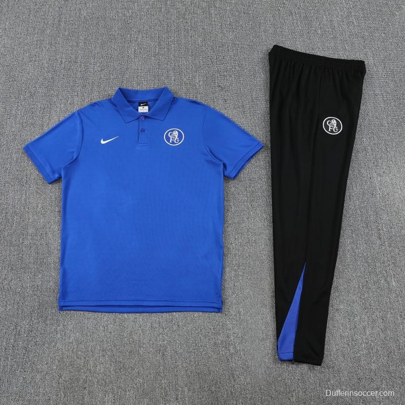 26/27  Chelsea Blue Polo Training Shirt + Black  Long Pants Tracksuit