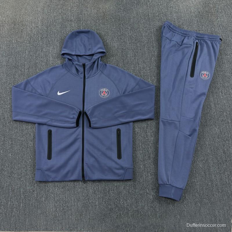 26/27  Paris Saint-Germain Steel Blue Full Zipper Hooded Jacket Tracksuit + Long Pants