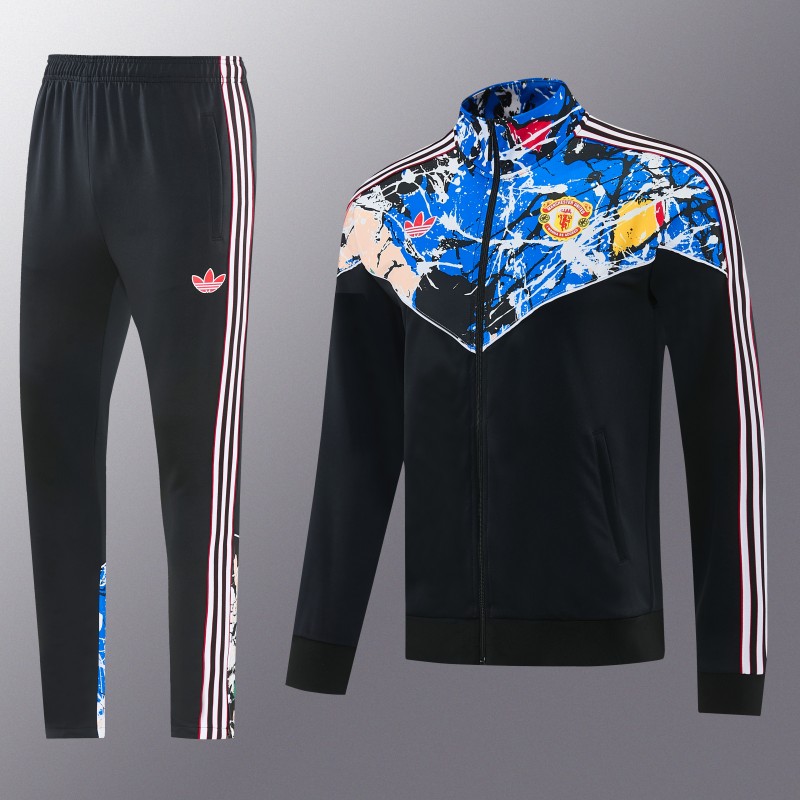 2026/27 Manchester United Black Grunge Splatter Paint Full Zipper Jacket Tracksuit + Long Pants