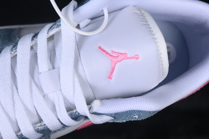 Nike Air Jordan 1 Low Basketball Lifestyle Shoes with Pastel Denim and Pink Rhinestone Swoosh - HQ2001-400