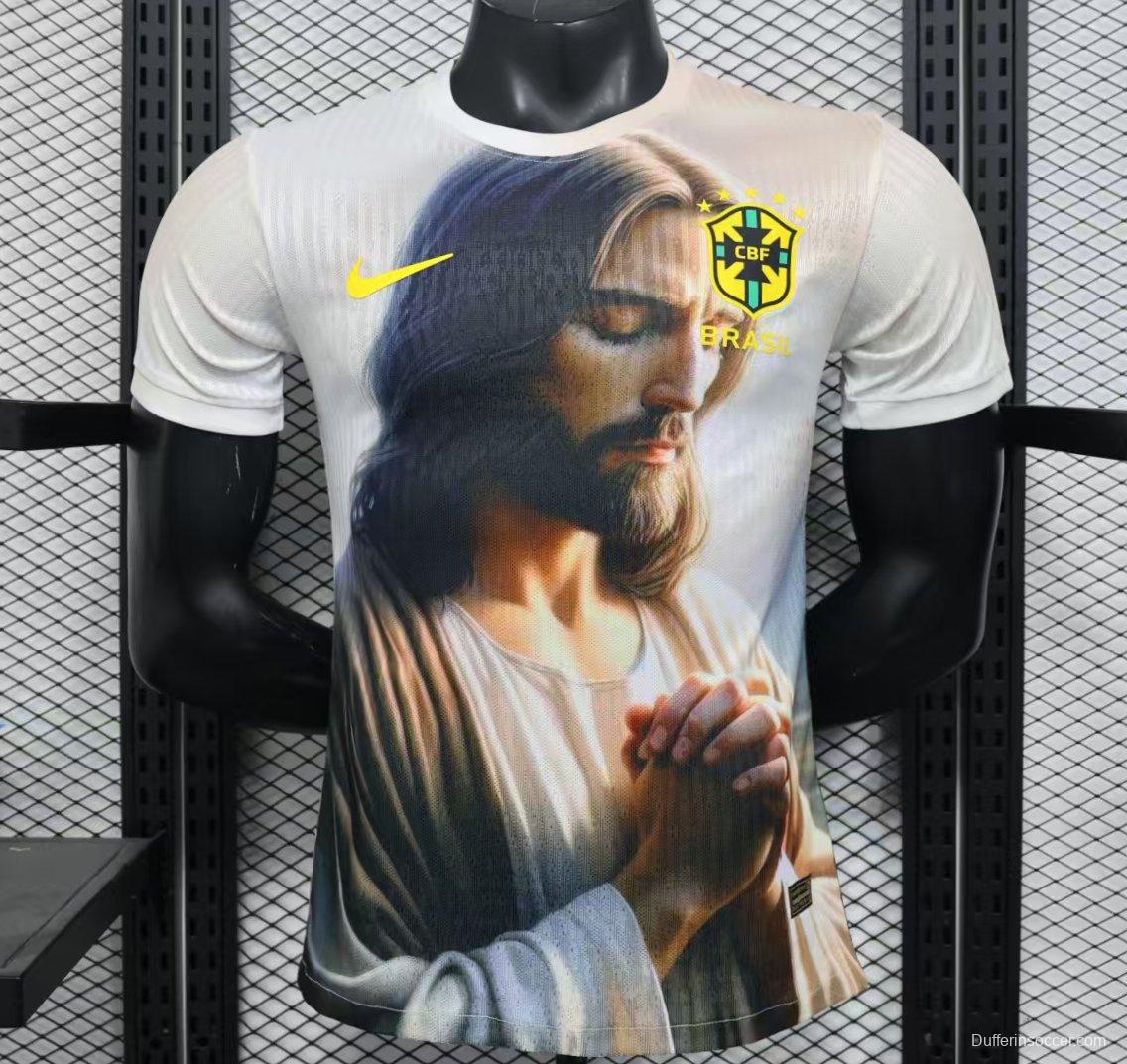 Player Version 2025 Brazil White with Jesus Praying Portrait Jersey